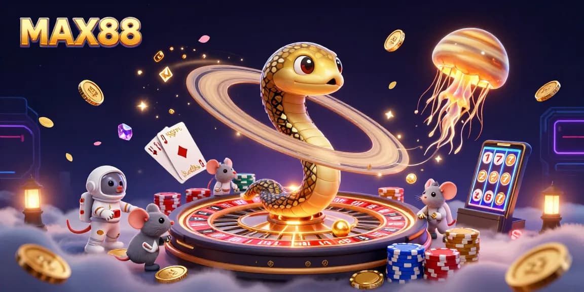 Spin the roulette with MAX88 in vibrant cosmic casino featuring colorful games.