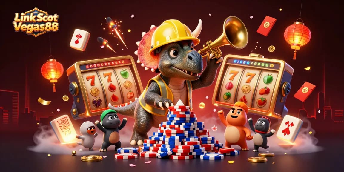 Engage with Link Slot Gacor Vegas88, celebrating wins in a vibrant 3D casino scene with colorful elements.