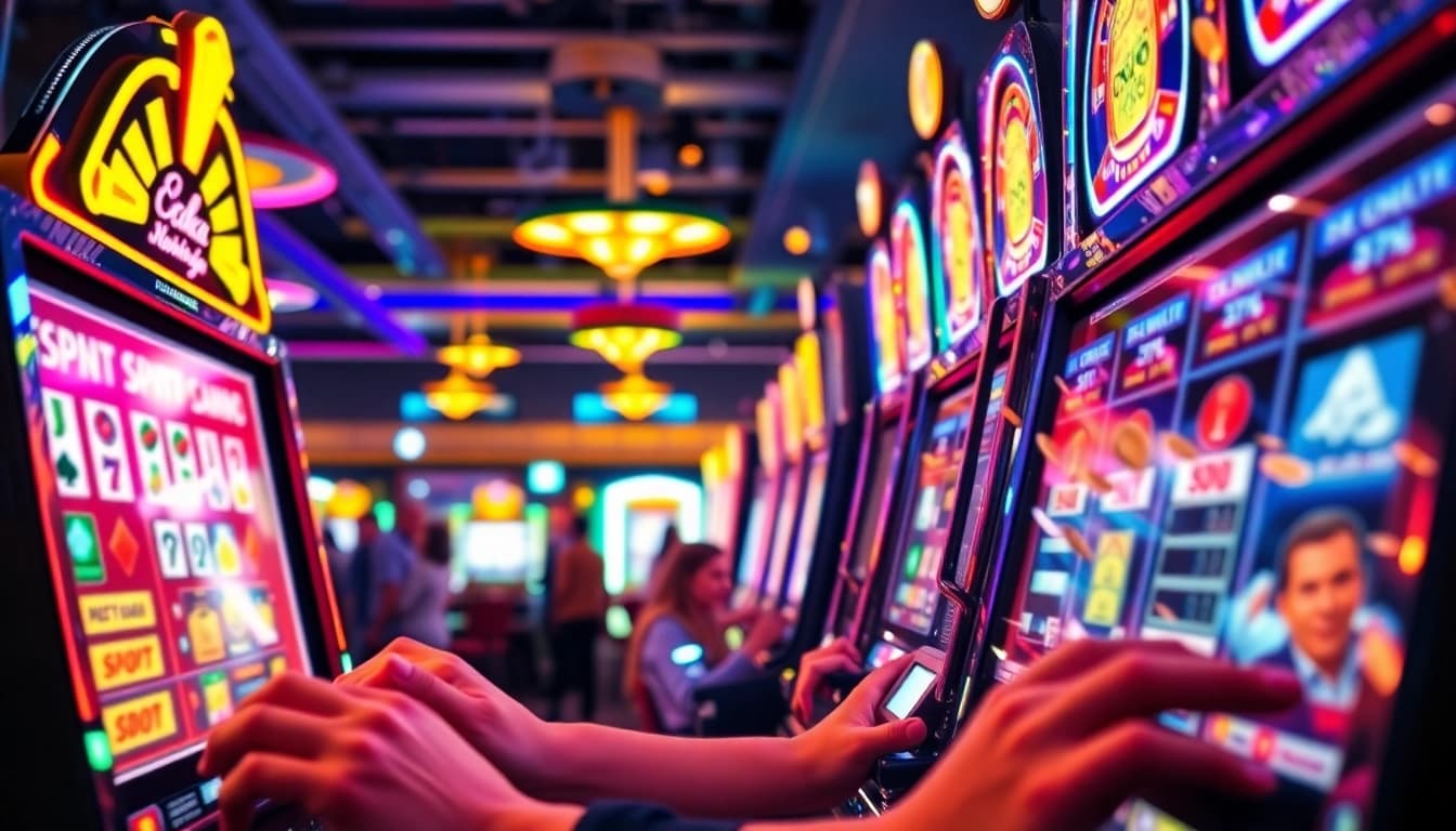 Menang besar di slot gacor dengan mesin yang bersinar di kasino yang ramai.