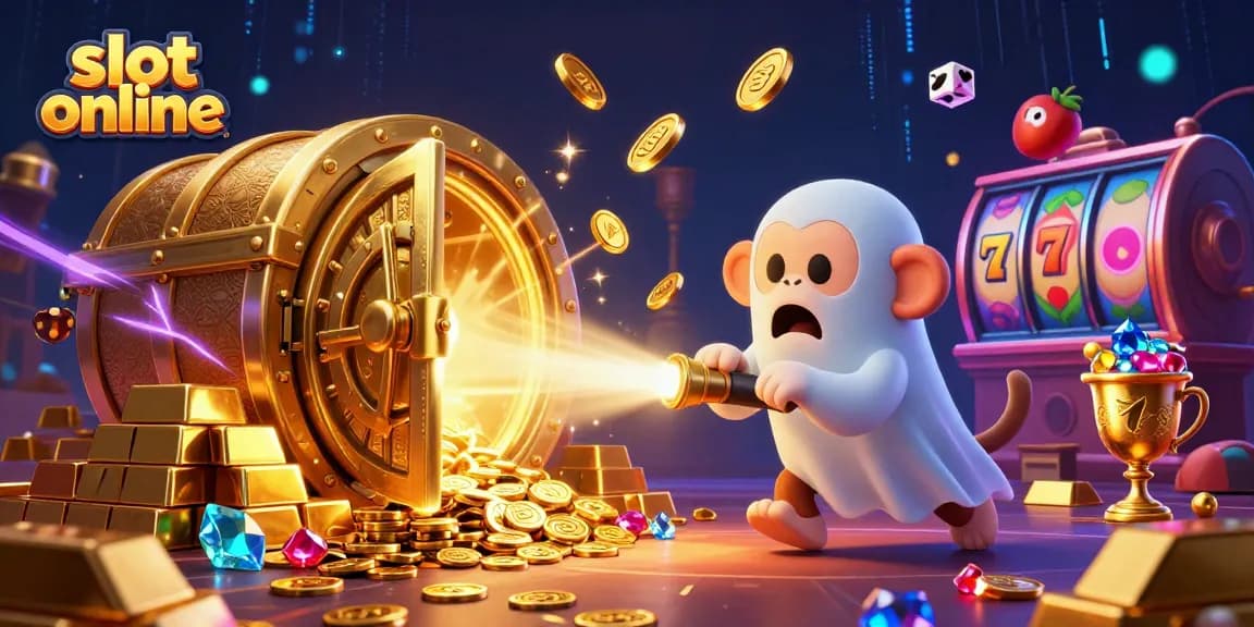 Permainan slot online dengan simbol buah dan jackpot berkilau dalam ilustrasi 3D