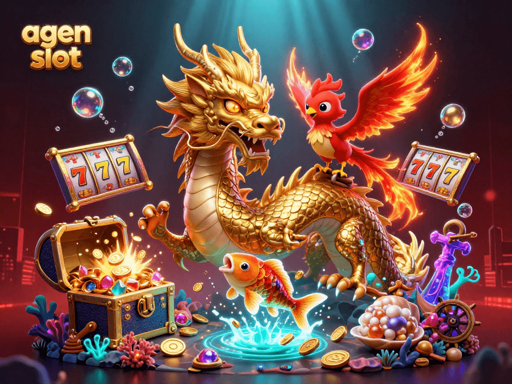 Agen slot menghadirkan grafik menarik dengan naga emas, ikan koi, dan simbol slot yang berkilau dalam pesta keberuntungan.