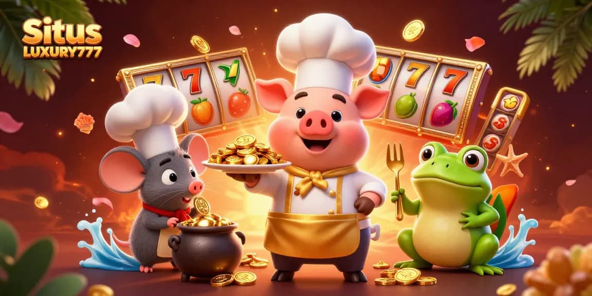 Situs LUXURY777 slot dengan karakter makanan unik, penuh emas dan simbol slot yang menarik