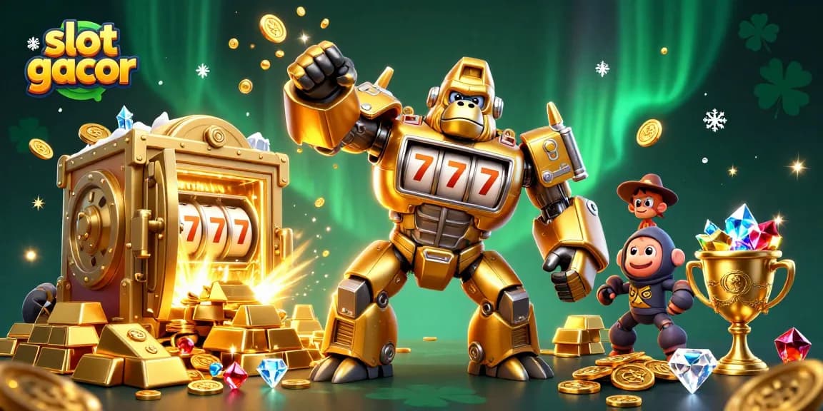 Slot gacor menonjol dalam ilustrasi 3D yang dinamis, menampilkan karakter dan elemen kasino yang meriah.