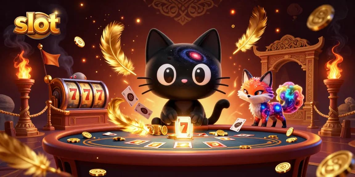 Engaging slot table scene featuring a black hole cat attracting chips and cards, surrounded by vibrant elements.