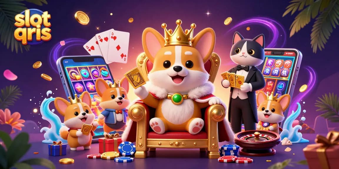 Experience thrilling slot qris gameplay with colorful design and royal corgi elements in this vibrant casino scene.