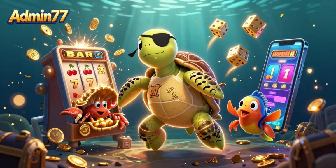 Admin77 slots explosion with pirate turtle, crab, parrotfish, and casino treasures