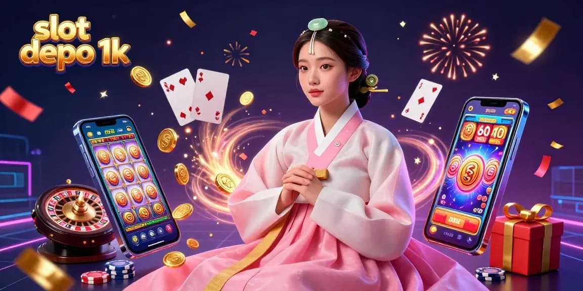 Engage with thrilling gameplay on slot depo 1k, featuring a serene Asian woman beside exciting slot game visuals.