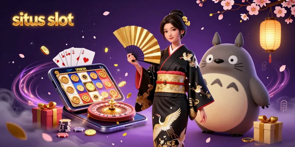 Experience thrilling moments at situs slot with an elegant Asian woman and a wise tanuki in a captivating casino scene filled with vibrant gaming elements.