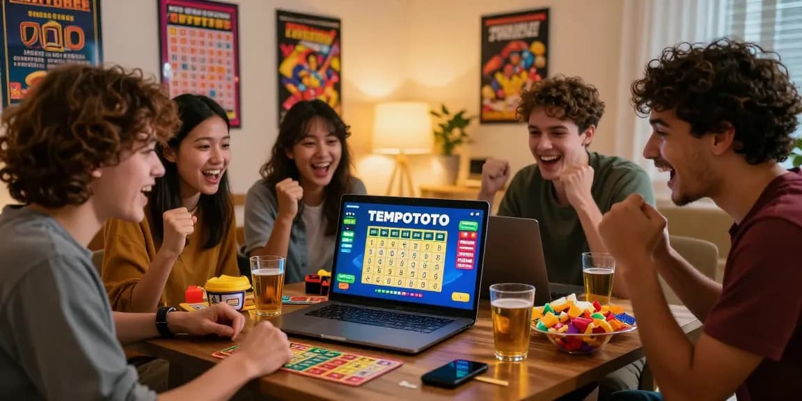 Friends enjoying an exciting TEMPOTOTO online lottery game night together, celebrating their luck.