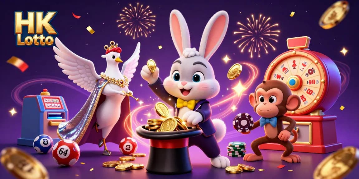 Experience the thrill of HK Lotto with a magical rabbit drawing golden coins in a lively casino scene.