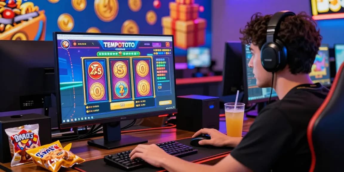 Engaging TEMPOTOTO online gaming experience with colorful slot machines and enthusiastic user.