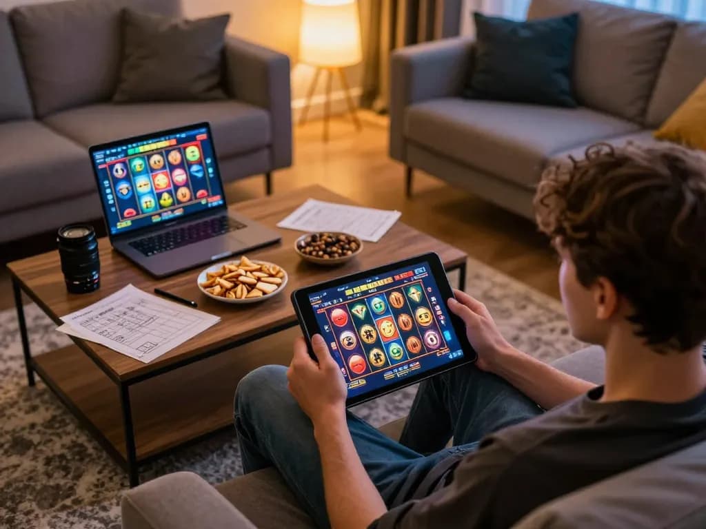 Engaging in a winning spin on nohuvn's thrilling online slot game from a cozy home setup.