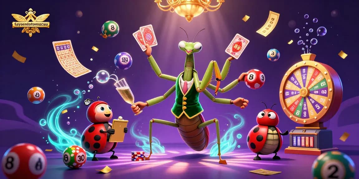 Taysentotomacau menampilkan kartunis raksasa belalang sembah sebagai dealer di kasino, membagikan kartu dan chip sambil dikelilingi bola lotere warna-warni.