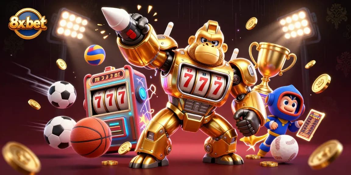 Engage in thrilling gameplay at 8x-bet with a dynamic golden gorilla mech and sports elements.
