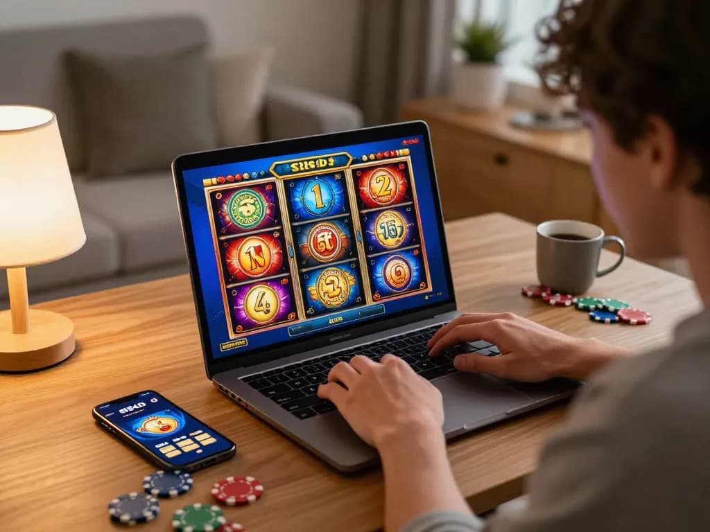 SIS4D player enjoying an online slot game at home, showcasing engaging gameplay and a cozy setting.