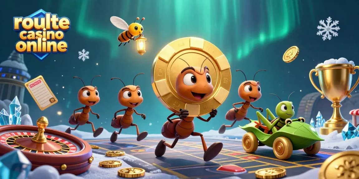 Dynamic scene depicting ants carrying a golden poker chip in a roulette casino online backdrop.