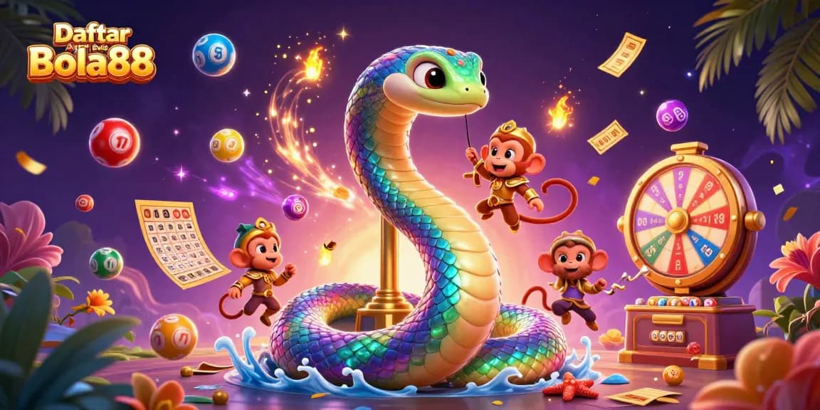Experience thrilling action at Daftar Agen Bola Bola88 with vibrant lottery balls, a rainbow serpent, and dynamic casino elements.