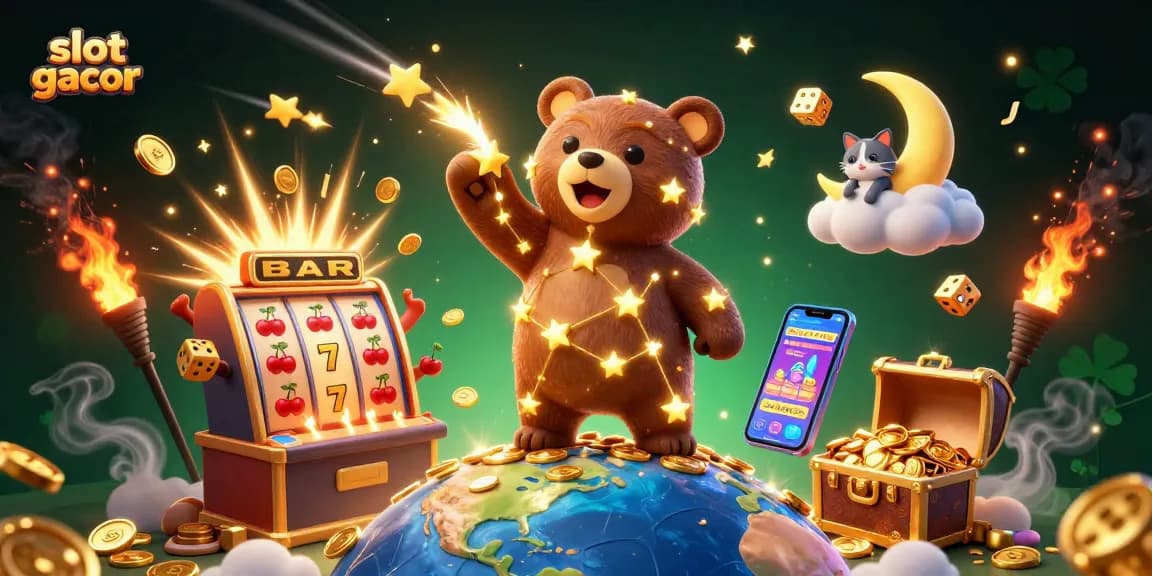 Menghadirkan slot gacor dalam aksi, ilustrasi kasino 3D berwarna-warni dengan bintang emas dan simbol keberuntungan.