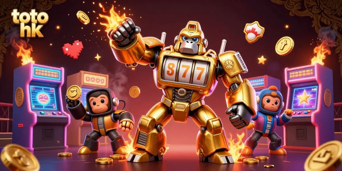 Menang besar dengan Toto HK di ilustrasi mesin slot dan gorila emas.