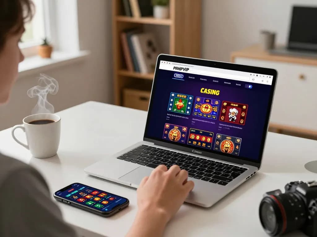 Engaged player enjoys online gaming at PHPVIP casino platform with laptop and smartphone.