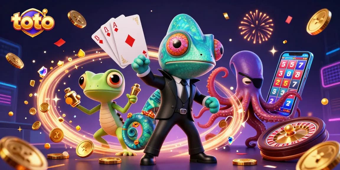 Toto mengundang keberuntungan dengan ilustrasi menyenangkan tentang chameleon, gecko, dan octopus yang beraksi di dunia kasino.