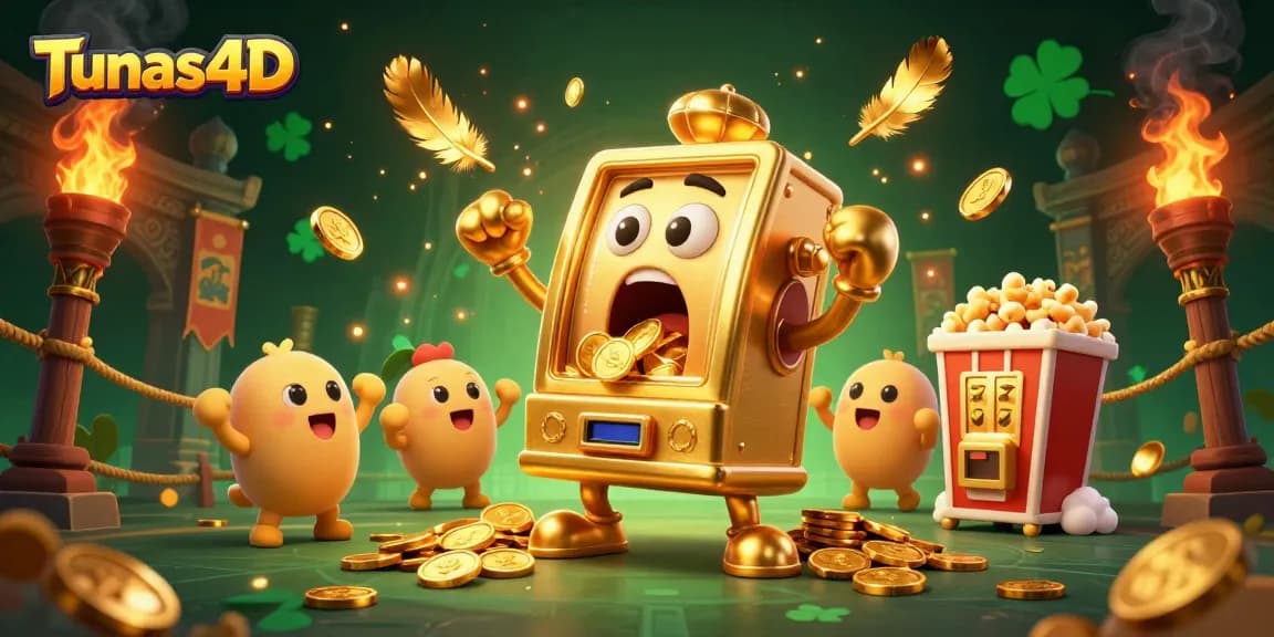 Tunas4D memicu jackpot dengan mesin slot emas berkilau dikelilingi koin emas dan elemen menarik lainnya.