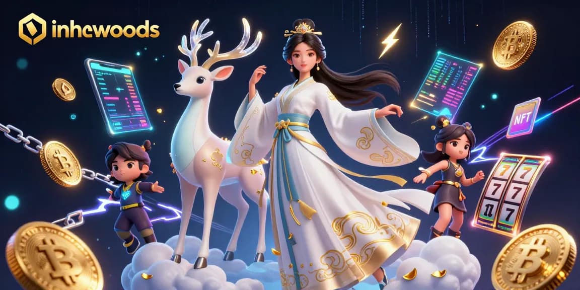 Experience big wins at inthewoods with a stunning 3D scene featuring slots, Ethereum coins, and a celestial illustration.