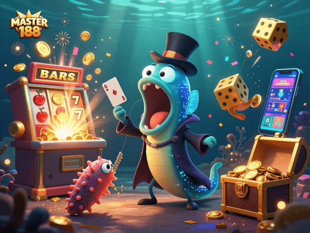 Experience the thrilling world of MASTER188 with vibrant casino characters and dynamic gaming elements.
