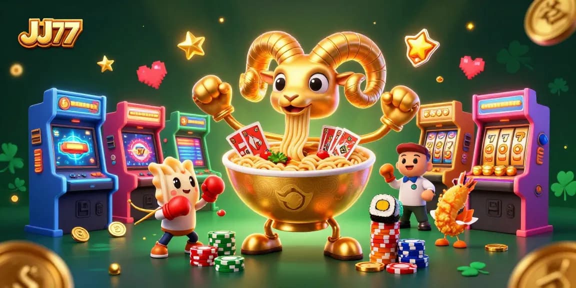 Experience the thrilling JJ77 casino adventure with a dynamic ramen bowl dealer and vibrant game elements.