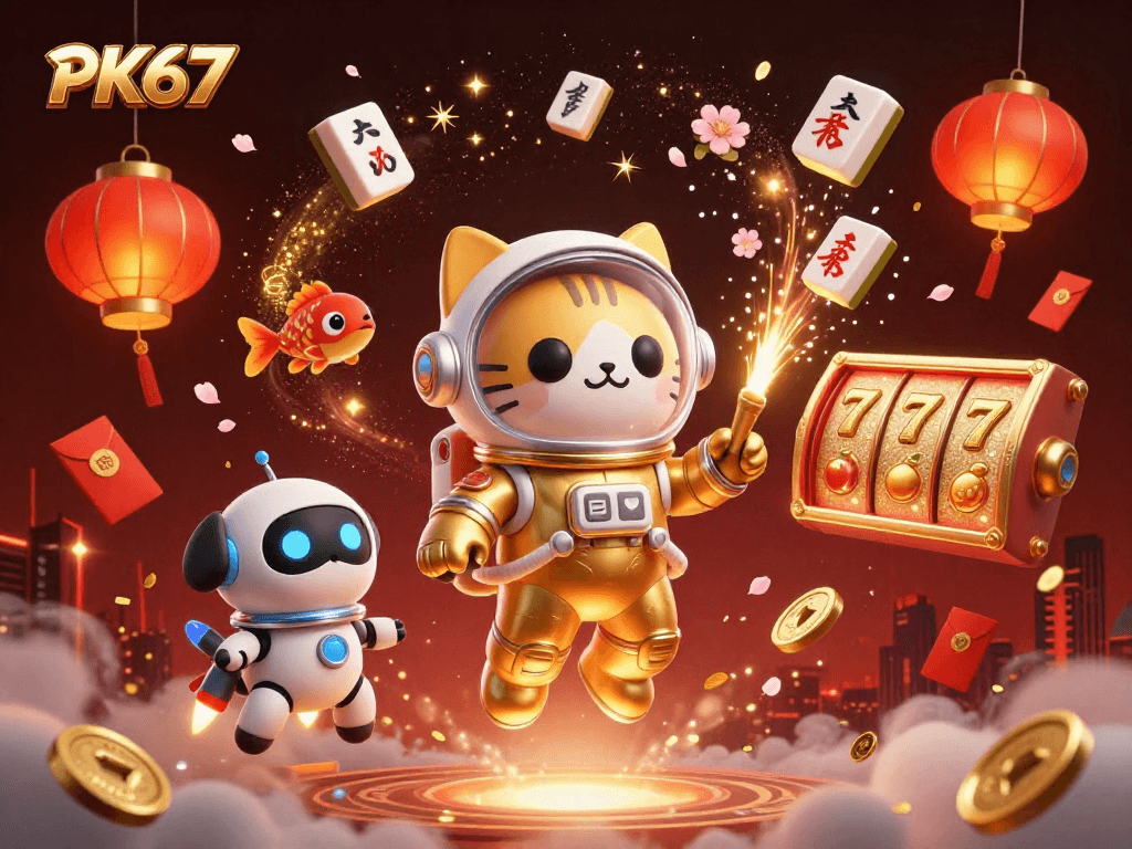 Experience exciting gaming moments with PK67, featuring colorful casino elements and animated characters.