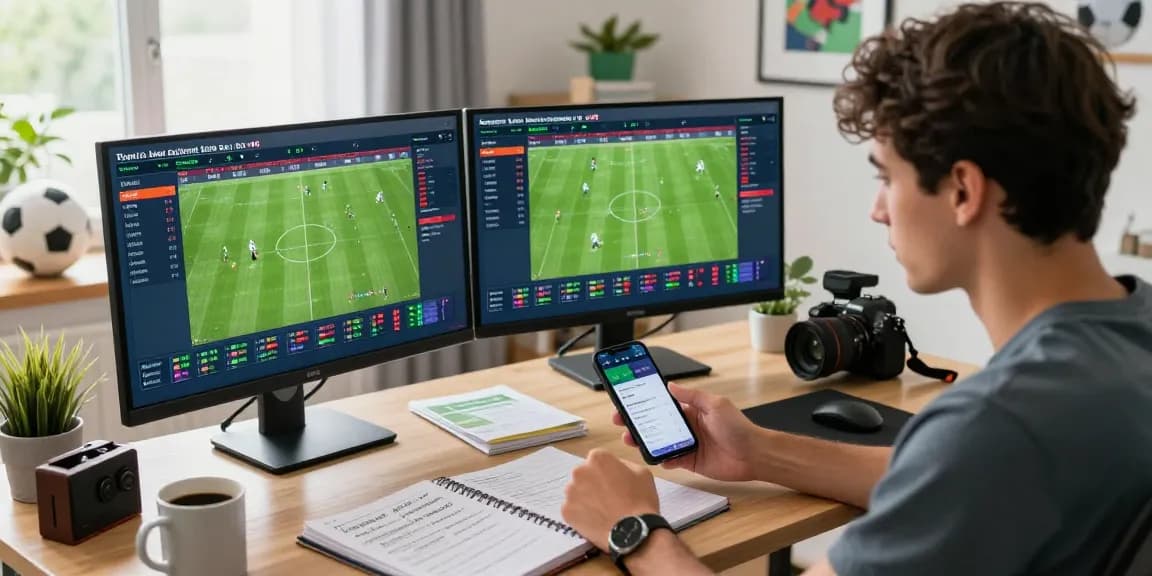 A young man engaged in sports betting, analyzing tempototo odds and match stats at a modern home office.
