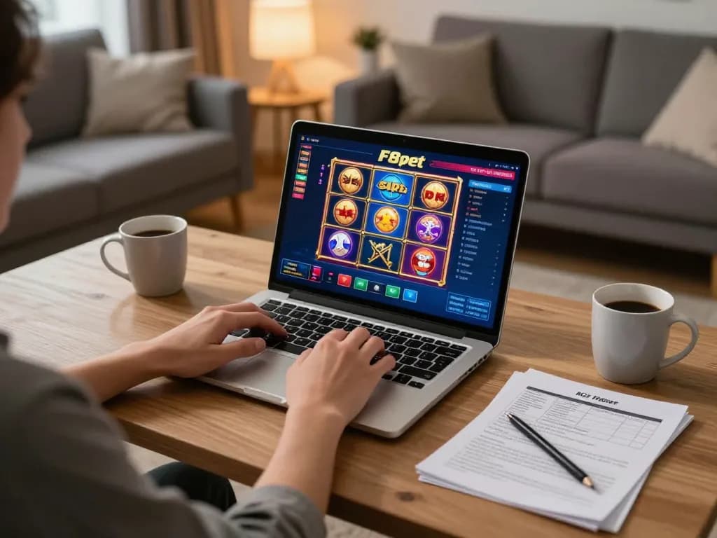 Engage in responsible gambling with F8pet at home, enjoying a cozy online gaming setup.