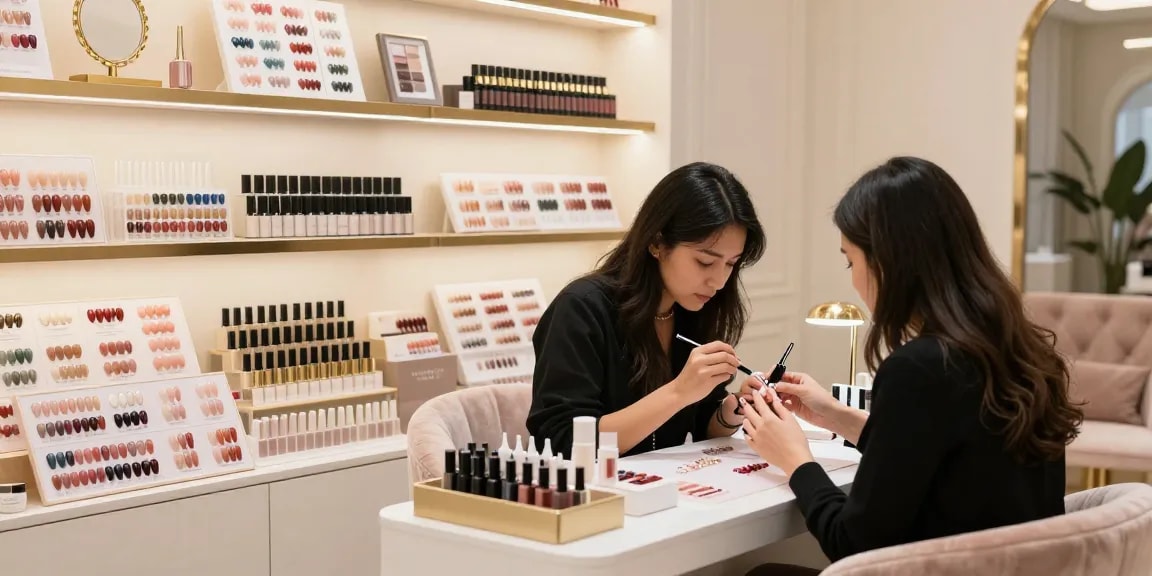 Pengalaman mewah dalam memilih produk kuku LUXURY12 di toko kecantikan.
