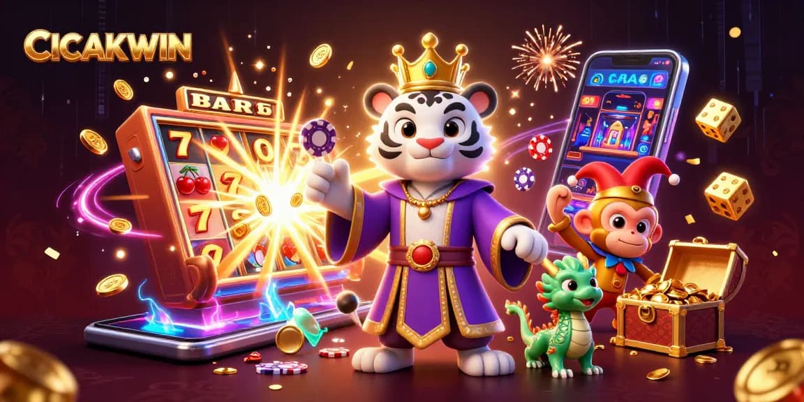 CICAKWIN showcases a vibrant 3D casino scene with a white tiger and a playful monkey, embodying excitement and fortune.