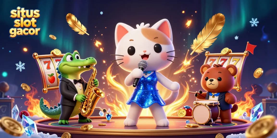 Swing into excitement with situs slot gacor featuring a vibrant jazz-singer cat and casino elements.