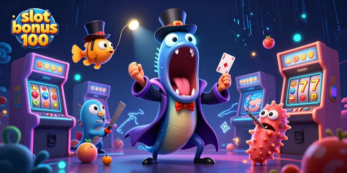 Menangkan slot bonus 100 dengan ilustrasi 3D cerah yang menampilkan karakter unik dan elemen kasino.