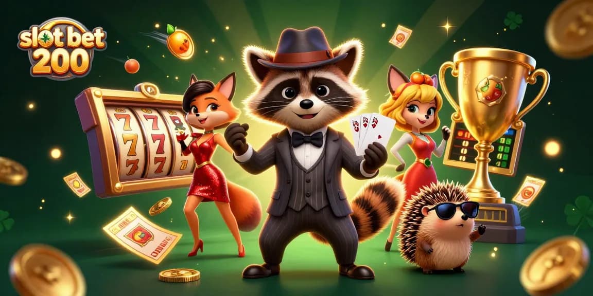 Taruhan slot bet 200 yang mengasyikkan dengan karakter kartun kasino yang berwarna-warni, menampilkan kemenangan besar.
