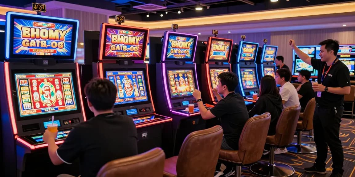 Slot gacor dalam suasana kasino online yang meriah dengan pemain merayakan kemenangan.