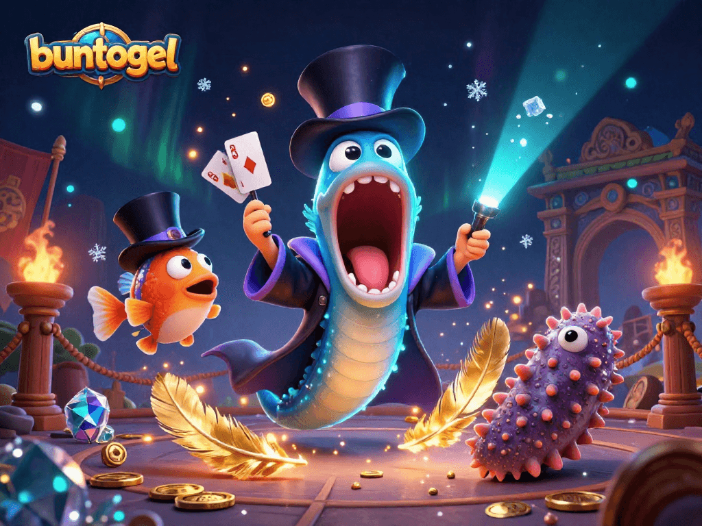 Buntogel showcases a magical deep-sea themed casino experience with vibrant characters and gambling elements.