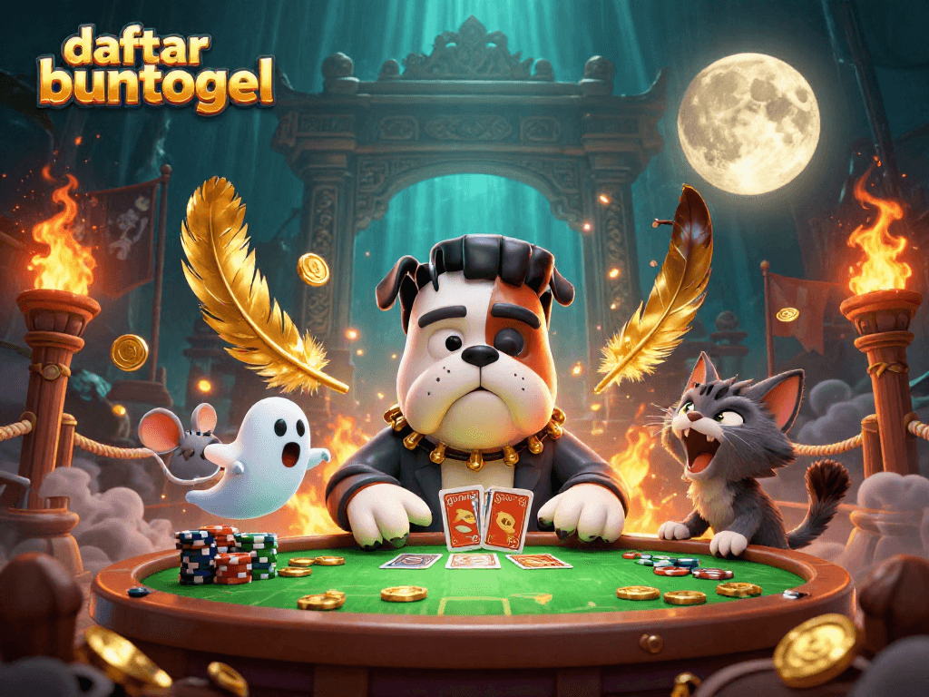 Engage with daftar buntogel's thrilling cards game, led by a Frankenstein bulldog dealer.