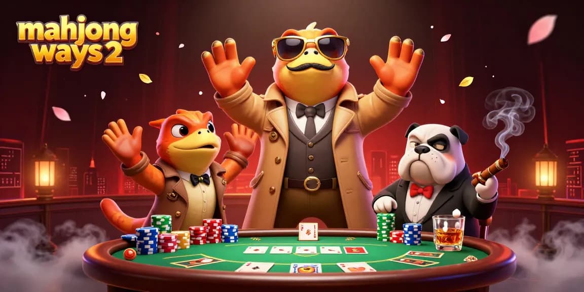 Engage with mahjong ways 2 in an animated casino scene featuring raptors in disguise.