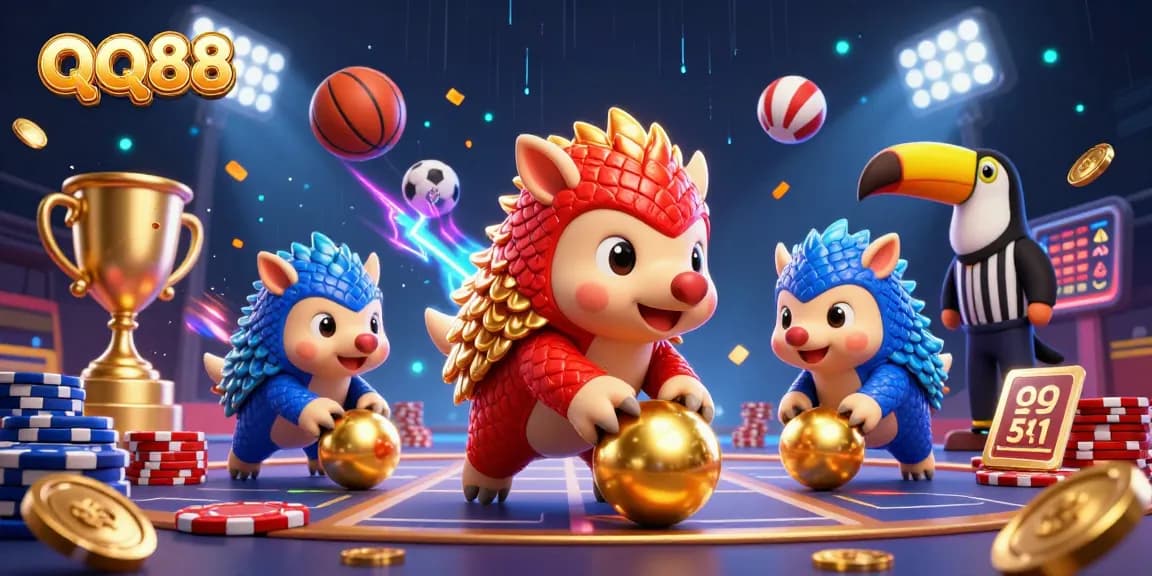 Experience thrilling gameplay with qq88 as rival pangolins bowl through poker chips in a dazzling casino scene.