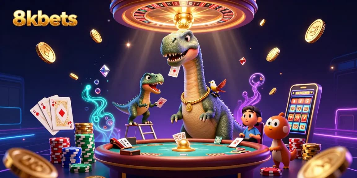 8xbets offers a unique gaming experience with a 3D dinosaur scene featuring dynamic gambling elements.