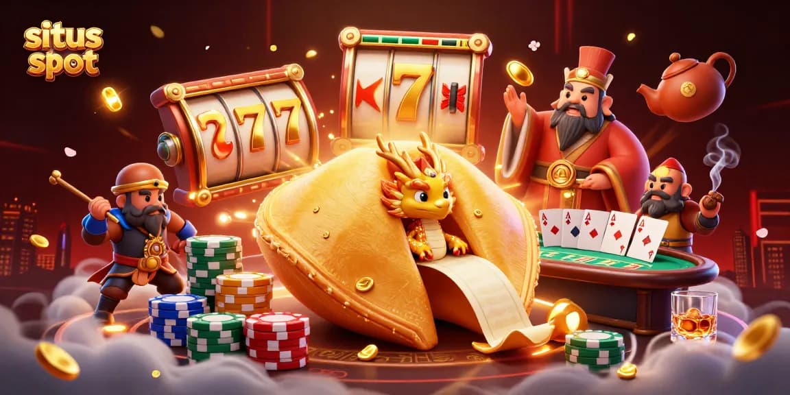 Spin the reels and unlock treasures on a vibrant situs slot scene with golden dragons and poker elements.
