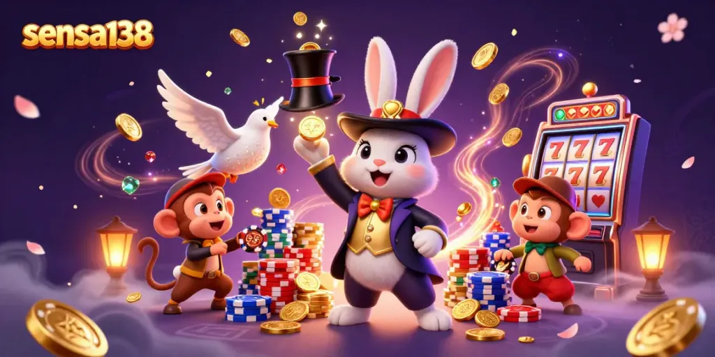 Sensa138 features a magician rabbit, sequined dove, and a monkey in a lively casino scene.