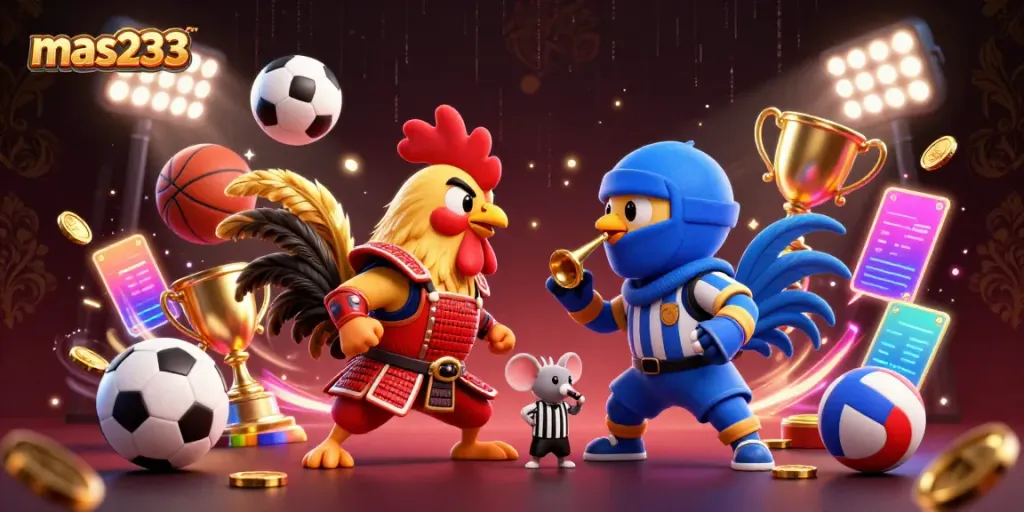 Ruang pertarungan mas233 dengan dua ayam kartun berhadapan, atmosfer kasino penuh semangat.