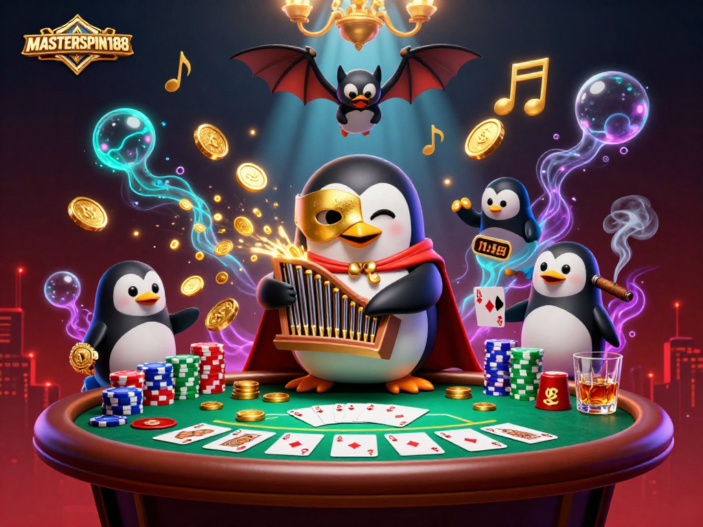 Experience the thrill of gambling with MASTERSPIN188 in a vibrant casino-themed illustration.