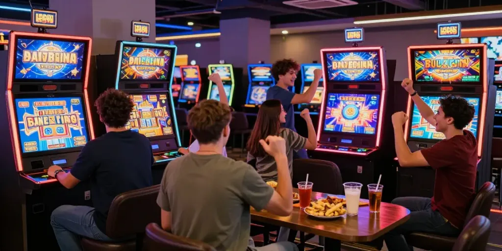 ASLOTRE, pemain bermain slot di ruang permainan modern dengan suasana meriah.