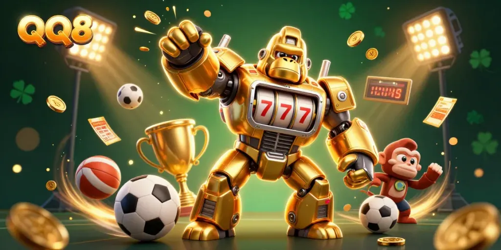 Engage in thrilling gaming actions at QQ88, featuring dynamic 3D characters and sports-themed elements.