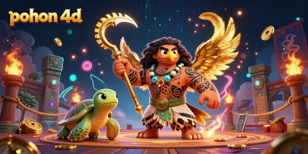 Engage with attractive play at pohon 4d featuring a cartoon hawk, turtle, and vibrant gambling elements.